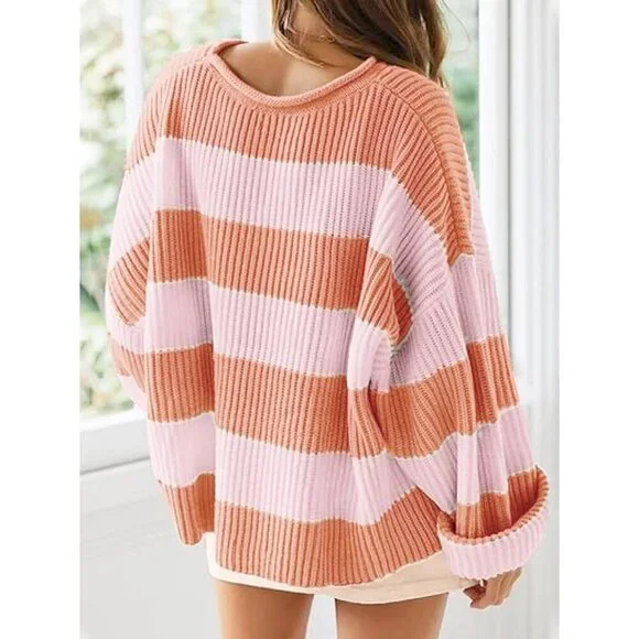 Women's Light Pink Pullover Drop Shoulder Long Sleeve Retro Stripe Fall Sweater - Picture 3 of 3